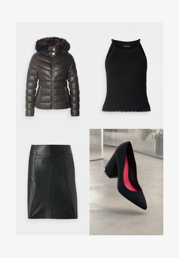 Morgan GKIDIA - Winterjacke - chocolat; Schwarzes, geripptes Tanktop mit gewellten Spitzenabschluss am Saum. Mit dünnen Trägern und einer figurbetonten Passform. Hergestellt aus dehnbarem Material.; Schwarzer Lederrock mit taillierter Passform. Glatte Textur, Nähte, die die Form betonen, und ein gerader Saum. Minimalistische und elegante Optik.; Schwarzer High Heel Schuh mit spitzer Zehe, strukturiertem Obermaterial und lebhaftem pinken Innenraum. Verfügt über einen dicken Absatz mit silberner Akzentuierung.