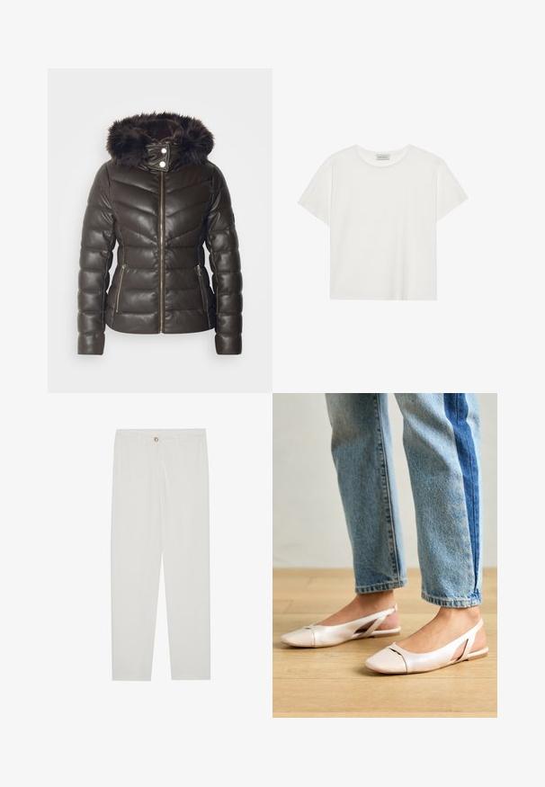 Morgan GKIDIA - Vinterjakke - chocolat; Hvit T-skjorte med kort erm laget av myk bomull. Har rund hals og avslappet passform. Rent design uten synlige mønstre eller aksenter.; Hvite, skreddersydde bukser med rette ben, med knapplukking, beltehemper og sidelommer; glatt tekstur.; Lys rosa slingback leiligheter med spiss tå, laget av et glatt, læraktig materiale. Har utskjæringer på sidene og lav hæl.