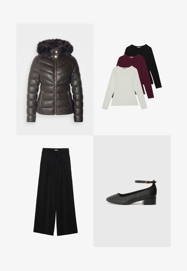Morgan GKIDIA - Vinterjakker - chocolat; Langærmede T-shirts i hvid, bordeaux og sort. Lavet af blødt stof med rund halsudskæring og tætsiddende design. Velegnet til lag-på-lag.; Sorte vide bukser i en tekstureret stofkvalitet, med elastisk talje og et aftageligt bånd i taljen for justerbar pasform.; Sorte læderpumper med spids tå og en lav blokhæl. Har en ankelrem med en guldfarvet spænde. Glat tekstur.