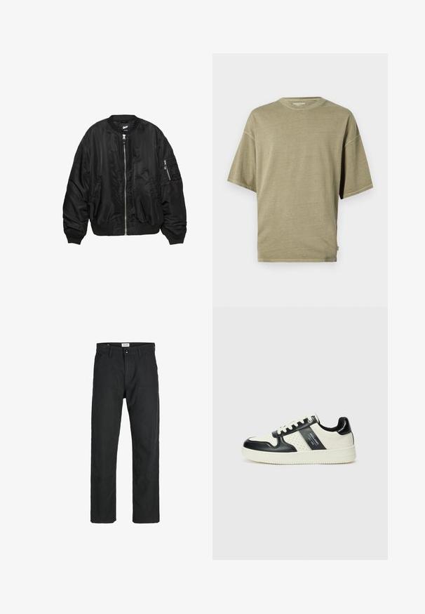 Čierna saténová bomber bunda s predným zipsom, ribbovaným golierom, manžetami a lemom, dvoma bočnými vreckami a vreckom so zipsom na rukáve.; Olivovo zelené tričko s krátkym rukávom vyrobené z mäkkej látky, s okrúhlym výstrihom a voľným strihom so zošitými lemami.; Čierne nohavice vyrobené z odolného materiálu, s rovnými nohavicami, prešitými detailmi a dvoma prednými vreckami pre väčšiu funkčnosť.; Kožené tenisky v čierno-krémovej farbe, s perforovanými akcentmi, polstrovaným golierom a štruktúrovanou podrážkou.