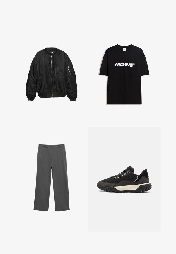 Veste bomber en satin noir avec fermeture éclair à l'avant, col, poignets et ourlet côtelés, deux poches latérales et une poche à fermeture éclair sur la manche.; T-shirt en coton noir avec un logo blanc "ARCHIVE inc." sur la poitrine, manches courtes et col rond.; Pantalons de survêtement larges gris foncé avec une taille élastique, un cordon de serrage et deux poches latérales, présentés sur un fond blanc.; Baskets noires en mélange de daim et de matériau synthétique, semelle texturée avec des motifs de prise, et détails de semelle intermédiaire blancs contrastants.