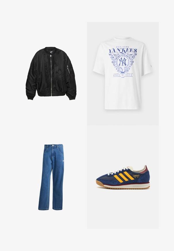 Giubbotto bomber in satin nero con zip frontale, colletto a coste, polsini a coste, fondo a coste, due tasche laterali e tasca con zip sulla manica.; Maglietta bianca con design stampato blu che presenta "New York Yankees", dettagli ornati e "Dal 1903" sotto un grafico di baseball. Maniche corte.; Jeans di denim a vita alta e gamba larga blu, con tasche frontali, passanti per cintura, chiusura a bottone e piccolo logo Adidas sulla coscia destra.; Sneaker in suede blu navy con strisce gialle, lacci bianchi e dettagli bordeaux. Suola testurizzata con scanalature per una maggiore aderenza. Logo del brand sul lato.