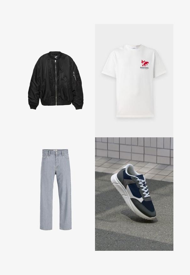 Schwarze Satin-Bomberjacke mit Frontreißverschluss, geripptem Kragen, Bündchen, Saum, zwei seitlichen Taschen und einer Reißverschlusstasche am Ärmel.; Weißes Baumwoll-T-Shirt mit einem roten Cowboy- und Pferde-Graphic auf der linken Brust und dem Text "RODEO DAYS" unterhalb des Designs.; Helle blaue Jeans aus Denim mit lockerer Passform, geradem Bein, sichtbaren Nähten, zwei vorderen Taschen und einem Knopfverschluss.; Sneaker mit einem Obermaterial aus navyblauem Mesh, grauen Wildlederelementen, einer weißen Gummisohle und flachen weißen Schnürsenkeln, entworfen für Komfort und Atmungsaktivität.