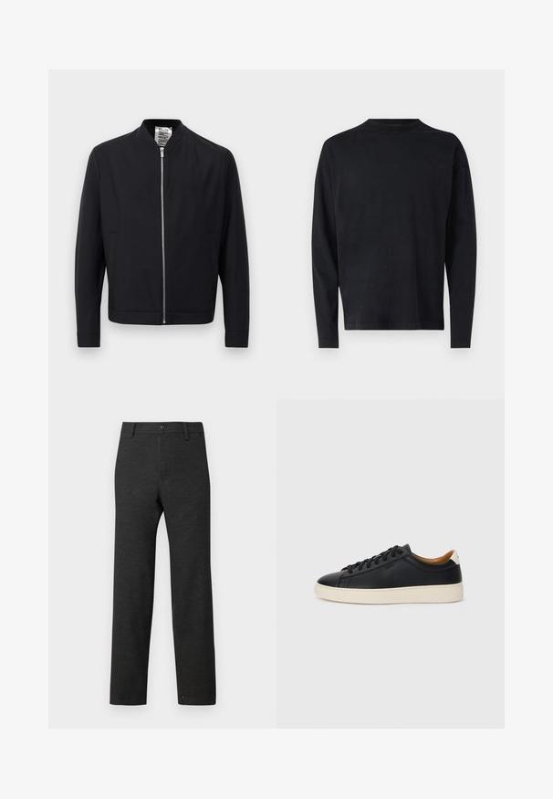 Black bomber jacket with silver front zipper, stand collar, long sleeves, and side pockets against a plain light background.; Black long-sleeve shirt made of soft fabric. Features a crew neckline and dropped shoulders. Smooth texture with no visible patterns.; Dark gray trousers made from woven fabric, featuring a straight leg design, belt loops, and a single button closure at the waist.; Black leather sneakers with a smooth texture, beige rubber sole, lace-up design, and a contrasting heel accent.