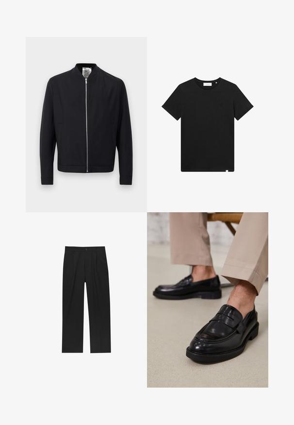 Giacca bomber nera con zip frontale argentata, colletto alto, maniche lunghe e tasche laterali su uno sfondo chiaro e semplice.; T-shirt nera a maniche corte in cotone, con scollatura rotonda e un piccolo logo ricamato sul petto. Tessuto liscio, vestibilità standard.; Pantaloni neri con un design a gamba dritta, realizzati in un tessuto liscio. Presentano pieghe frontali e una chiusura a un bottone in vita.; Mocassini in pelle nera con finitura liscia, dotati di una cintura decorativa e cuciture a contrasto, abbinati a pantaloni beige.