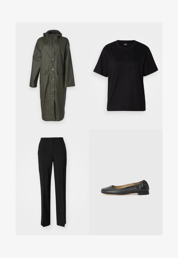 Lang olivengrøn regnfrakke lavet af vandtæt materiale, med hætte, trykknapper og to frontlommer. Glat tekstur.; Sort bomulds t-shirt med rund halsudskæring, korte ærmer og et broderet logo på brystet. Enkel, afslappet pasform uden mønstre.; Sorte skræddersyede bukser med lige ben-design, der har en glat tekstur og skarpe folder langs fronten. Ingen synlige hardware.; Sorte læder balletflade sko med en afrundet tå og minimal syning. Lav, rektangulær hæl og glat tekstur. Subtle detaljer i indersiden.