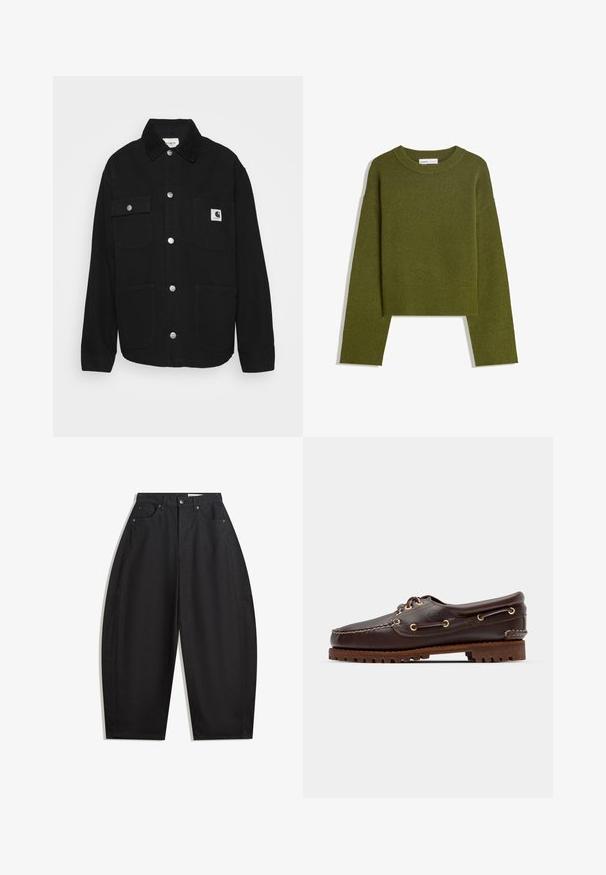 Crni jakna od čvrstog materijala, s ovratnikom, dugmadi na preklop, dva džepa na prsima i oznakom na lijevom džepu.; Maslinasto zeleni pleteni džemper s okruglim izrezom, dugim rukavima i rebrastim rubom. Ima skraćeni dizajn s mekanim, teksturiranim završetkom.; Crne široke hlače od pamuka, s visokim strukom, pet džepova i kopčanjem na metalnu dugmad. Glatka tekstura i bez vidljivih uzoraka.; Smeđe kožne čamce cipele s zlatnim okomitim rupicama, okruglim vezicama i teksturiranom smeđom gumiranom potplatom. Ima stišnjene detalje i uzdignuti logo.