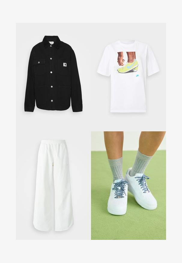 Must must, mis tugevast kangast, millel on kraega kaelus, nööbid, kaks rinnaTaskut ja logo teip vasakul taskul.; Valge puuvillane T-särk, millel on kollaste Nike jalatsite ja siniste aktsentidega jalgade graafika, kombineeritud vasakul randmel oleva käevõruga.; Valged laiad spordipüksid, ribadega vöökoht ja diskreetne logosümbol. Sile kangas, lõdvestatud istuvus ja kitsenev ääreosa.; Valged nahast tennisetooted siniste aktsentide ja augustatud varba disainiga, tekstuuriga sinivalged paelad, kantud hallide ribakudumitega sokkidega.