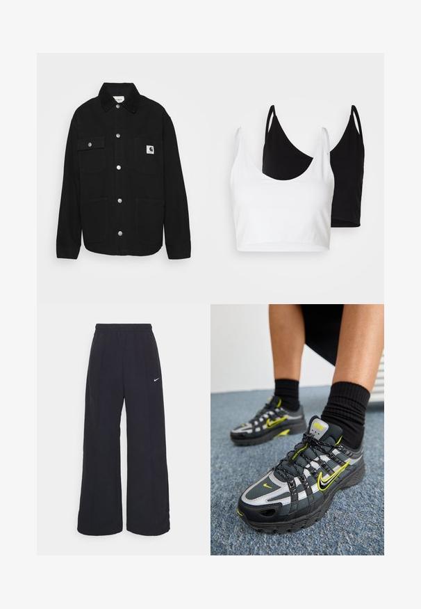 Svart jakke laget av slitesterkt stoff, med krage, trykknapper, to brystlommer og et logo-patch på venstre lomme.; To bomulls t-skjorter i hvit og svart. Hver har en dyp utringning og tynne skulderstropper, med en glatt og myk tekstur.; Svarte vide bukser med elastisk linning og en liten hvit Nike-logo. Stoffet har en glatt tekstur, designet for komfort og uformell bruk.; Svarte og grå treningssko med reflekterende sølvfarger, teksturerte mesh-paneler og lyse gule detaljer. Snøring med strukturert såle.