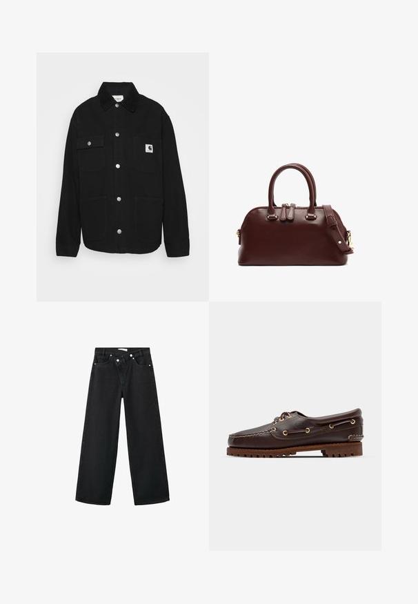 Zwarte jas van stevig materiaal, met een kraag, drukknoopsluiting, twee borstzakken en een logopatch op de linkse zak.; Roze geribbelde trui met lange mouwen en een kraaghalslijn, voorzien van drie knopen bij de kraag en een cropped zoom.; Hoge taille zwarte denim jeans met een wijde pijp, vijf zakken en zilveren metalen hardware aan de voorkant voor sluiting.; Bruine leren bootsschoen met gouden oogjes, ronde veters en een gestructureerde bruine rubberen zool. Kenmerkt zich door gestikte details en een verhoogd logo.; Bordeaux leren handtas met dubbele bovenhandvaten, afneembare schouderriem, gouden hardware accenten en een ronde vorm. Ritssluiting.