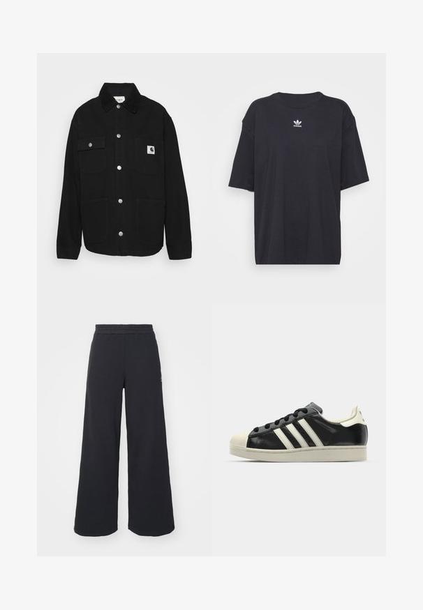 Jachetă neagră dintr-un material robust, cu guler, nasturi tip snap, două buzunare pe piept și o etichetă cu logo pe buzunarul din stânga.; Tricou din bumbac negru cu mâneci scurte, gât rotund, prezentând un logo Adidas alb pe piept. Design simplu, croi lejer.; Pantaloni de trening negri, cu picioare largi, confecționați dintr-un material moale, având un talie elastică și un logo mic pe partea stângă.; Sneaker din piele neagră cu dungi albe, vârf din cauciuc, șireturi negre și talpă de culoare crem. Textură netedă cu finisaj strălucitor.