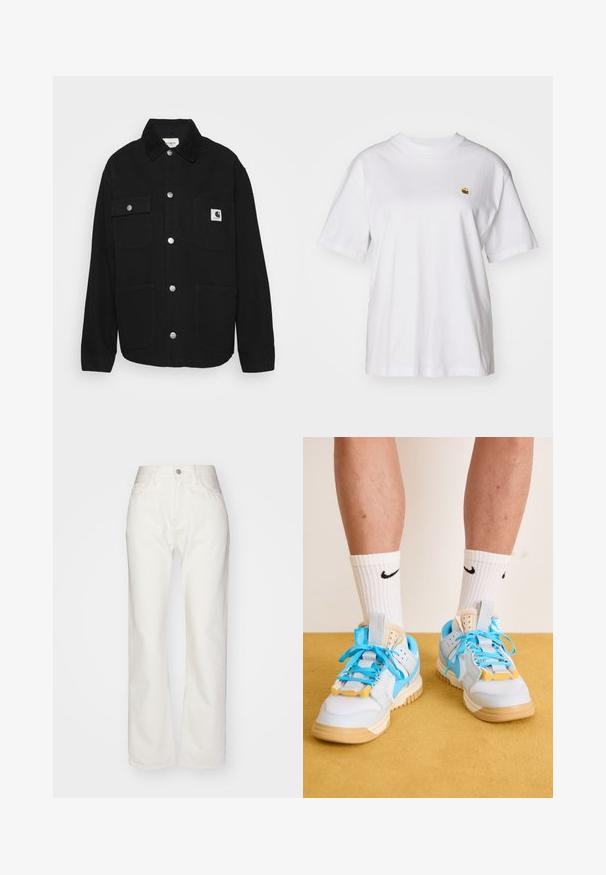 Svart jacka gjord av slitstarkt tyg, med krage, tryckknappar, två bröstfickor och en logotyp på vänster ficka.; Vit bomull t-shirt med avslappnad passform, korta ärmar och en liten broderad logotyp på vänster bröstområde.; Vita denimbyxor med hög midja och vida ben. Har en knapp- och dragkedjeslutning, bältesloopar och subtila sömdetaljer.; Ljust blå sneakers med bruna sulor, med framträdande turkosa snören och gula accenter. Texturerade material och synlig luftkuddsdämpning.