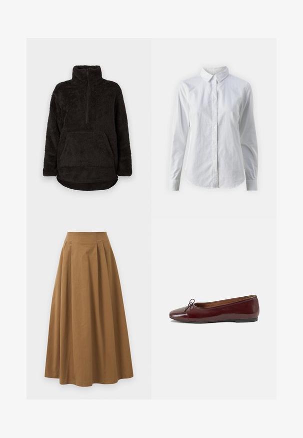 Black fleece pullover with a high collar, half-zip front, and a kangaroo pocket. Soft, textured fabric with a relaxed fit.; White button-up shirt made of smooth cotton, featuring a classic collar, long sleeves, and a curved hem. Buttons are small and white.; Brown cotton A-line skirt with a high waist, featuring pleats down the front and a smooth texture. Hem finishes are clean and simple.; Burgundy patent leather ballet flat with a rounded toe, small bow accent at the front, and a low, black rubber sole. Smooth texture.