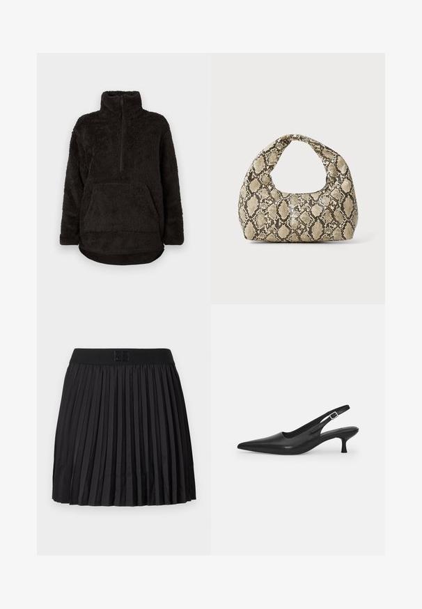 Pull à col montant en polaire noir, avec un zip avant à mi-hauteur et une poche kangourou. Tissu doux et texturé avec une coupe décontractée.; Haut à manches longues noir avec un décolleté en V, corps noir uni et manches en dentelle transparente avec des motifs floraux. Texture lisse dans l'ensemble.; Jupe plissée noire avec une texture lisse, comportant une taille noire unie et un détail de logo embossé à l'avant.; Chaussure slingback en cuir noir avec un bout pointu et un talon fin et incurvé. Dispose d'une sangle ajustable discrète avec une boucle en métal.; Sac à main en motif serpent avec une poignée incurvée. Fabriqué à partir de matériaux texturés beiges et bruns, présentant un motif en diamant distinctif.