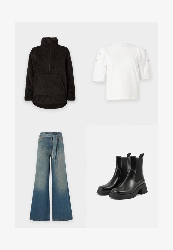 Fekete gyapjú pulóver magas gallérral, félig cipzárral elöl és kenguruzsebbe. Puha, textúrált anyag, laza szabású.; Fehér pamut póló rövid puffos ujjakkal, a ujjain kicsi ezüst díszítések találhatók. Klasszikus kerek nyakú, laza fazonú.; Bőszárú farmernadrág, világos és sötétkék árnyalatokkal, magas derekú, övgyűrűkkel és a nadrággal megegyező anyagú övvel. Textúrált farmer kivitel.; Fekete bőr Chelsea csizmák masszív sarkakkal, rugalmas oldalsó panelekkel és kontrasztos fehér varrással. Texturált felület.