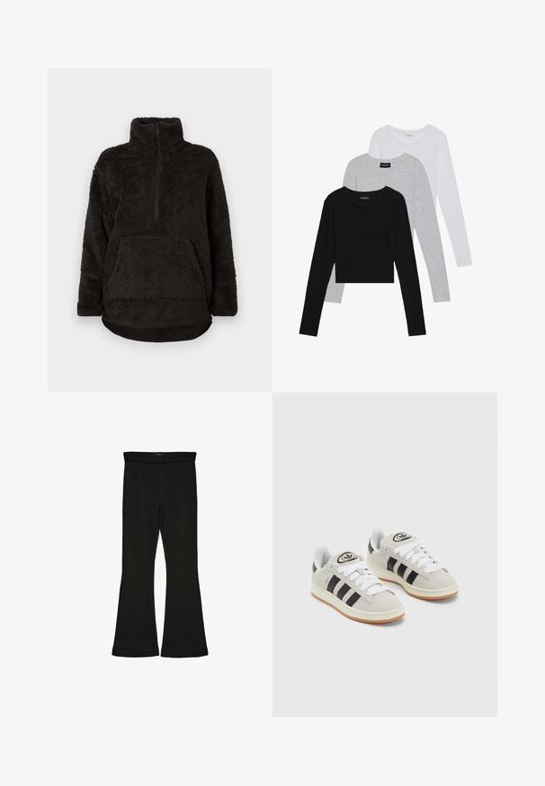 Zwarte fleece trui met een hoge kraag, een halve rits aan de voorkant en een buidelzak. Zacht, gestructureerd materiaal met een relaxte pasvorm.; Drie langmouwige tops gestapeld: zwart, grijs en wit. Elke top heeft een ronde halslijn en een cropped ontwerp van soepel, lichtgewicht materiaal.; Zwarte flare leggings gemaakt van rekbaar materiaal. Beschikt over een brede tailleband en een zachte textuur, met een getailleerd silhouet dat uitloopt bij de zoom.; Grijze nubucklederen sneakers met witte veters, zwarte strepen en een witte rubberen zool. Bevat een rond logo op de tong en een gumzool.