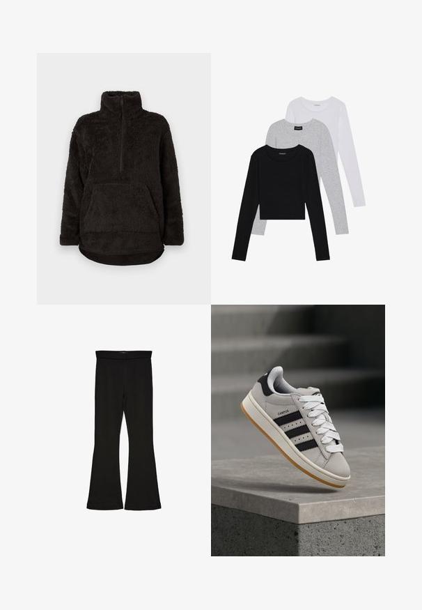 Black fleece pullover with a high collar, half-zip front, and a kangaroo pocket. Soft, textured fabric with a relaxed fit.; Three long-sleeve tops stacked: black, grey, and white. Each has a round neckline and a cropped design with smooth, lightweight fabric.; Black flare leggings made from stretchy fabric. Features a wide waistband and a smooth texture, with a fitted silhouette that flares at the hem.; Gray Adidas Campus sneaker with black stripes and white laces floating above a concrete ledge with stairs in the background.
