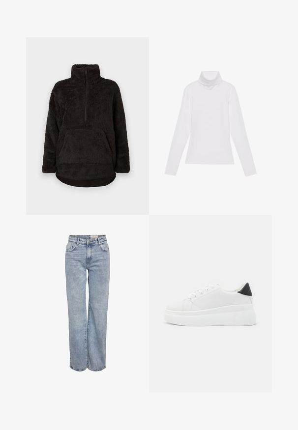 Juodas vilnonis puloveris su aukštu apykakle, pusiau užtrauktuku priekyje ir kengūros kišu. Minkšta, tekstūruota medžiaga, patogaus pëkdimo.; Baltas ilgomis rankovėmis turtleneko tipo marškinėliai, pagaminti iš lygaus, tamprus audinys. Yra aukštas apykaklė ir prisitaikantis dizainas, be matomų raštų ar papuošimų.; Šviesiai mėlyni plačios kojų džinsai, pagaminti iš džinsinio audinio, pasižymintys aukštu liemeniu, penkių kišenių dizainu ir subtiliu blukimu, kad atrodytų jau dėvėti.; Balti platforminiai sportbačiai, pagaminti iš lygios sintetinio audinio, su apvaliu pirštu, raištelių užsegimu ir tekstūruota guma padanga. Juodas kulno akcentas.