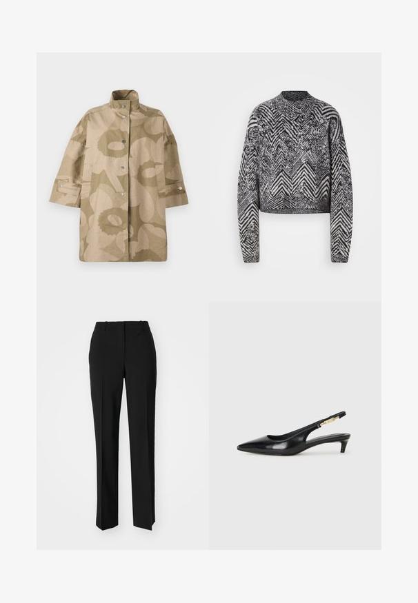 Marimekko ANTEESI UNIKKO - Gabardina - beige; Sweater cropped em preto e branco com padrão em ziguezague, apresenta mangas longas e decote redondo. Tecido de malha texturizada.; Calças pretas de corte ajustado com um design de perna reta, apresentando uma textura lisa e pregas bem definidas na frente. Sem hardware visível.; Saltos slingback em couro preto com bico fino, apresentando um salto esguio e um detalhe em tom dourado na alça ajustável. Textura suave.