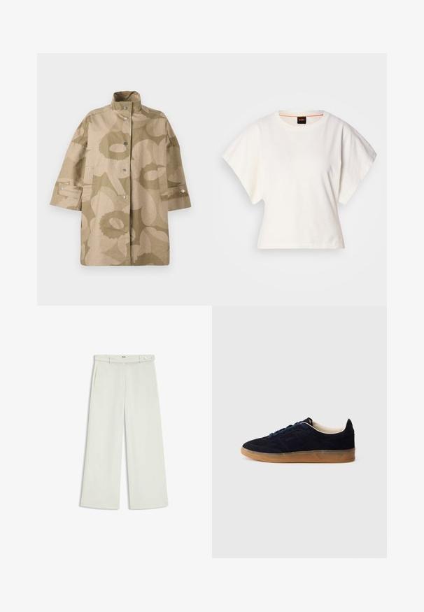 Marimekko ANTEESI UNIKKO - Trenchcoat - beige; White cropped T-shirt, short wide sleeves, soft cotton material, round neckline with subtle orange trim, minimal design, no patterns or graphics.; Wide-leg pants in light cream fabric, featuring side pockets, a flat front, and a single button closure at the waist. Smooth texture.; Navy suede sneaker with a gum rubber sole, blue laces, and minimalist design. Features embossed logo on the side and smooth inner lining.