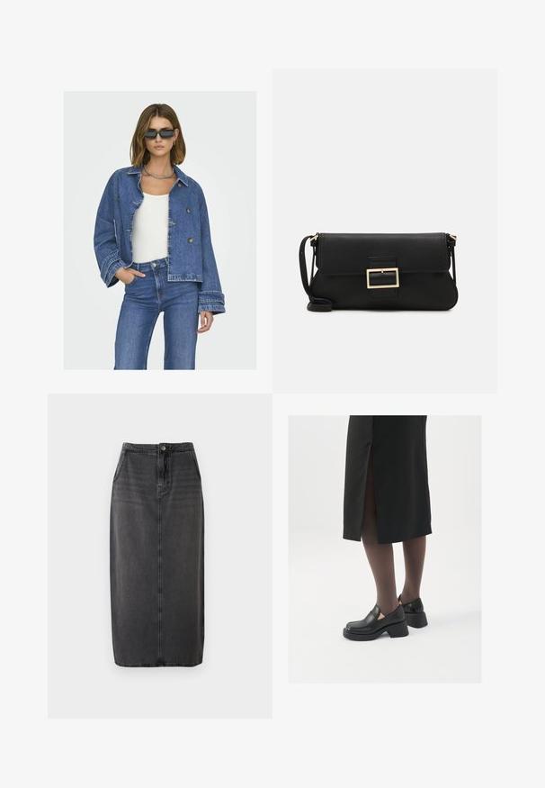 Džínová bunda s krátkým střihem, světle modré barvy, s dvojitými knoflíky a širokými rukávy. Spárováno s bílým topem a modrými džíny.; ONLY ONLSARA GLITTER - Kardigan - pumice stone/black/gold glitter; Bílý bezrukávový top vyrobený z ribbed látky, s kulatým výstřihem a přiléhavým střihem, s minimem švů a bez ozdob.; Černá džínová midi sukně s rovnými liniemi, předním zapínáním na knoflíky a bočními kapsami. Vyznačuje se hladkou texturou a jemným vyblednutím.; Černé kožené boty s kulatou špičkou, silným blokovým podpatkem a elastickými bočními akcenty, spárované s tmavými punčochami a černou sukní se rozparkem.; Černá kožená psaníčko s klopou a zlatým kovovým detailním sponou. Součástí je černý popruh a elegantní, minimalistický design.