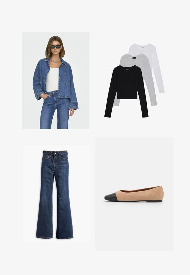 Denim jacket with a cropped design, light blue color, double-breasted buttons, and wide sleeves. Paired with a white top and blue jeans.; Three long-sleeve tops stacked: black, grey, and white. Each has a round neckline and a cropped design with smooth, lightweight fabric.; High-waisted dark blue denim jeans with flared legs, front button and zipper closure, and five-pocket design.; Beige suede ballet flat with a black leather rounded toe cap, low heel, and smooth texture, featuring minimal stitching and a clean design.