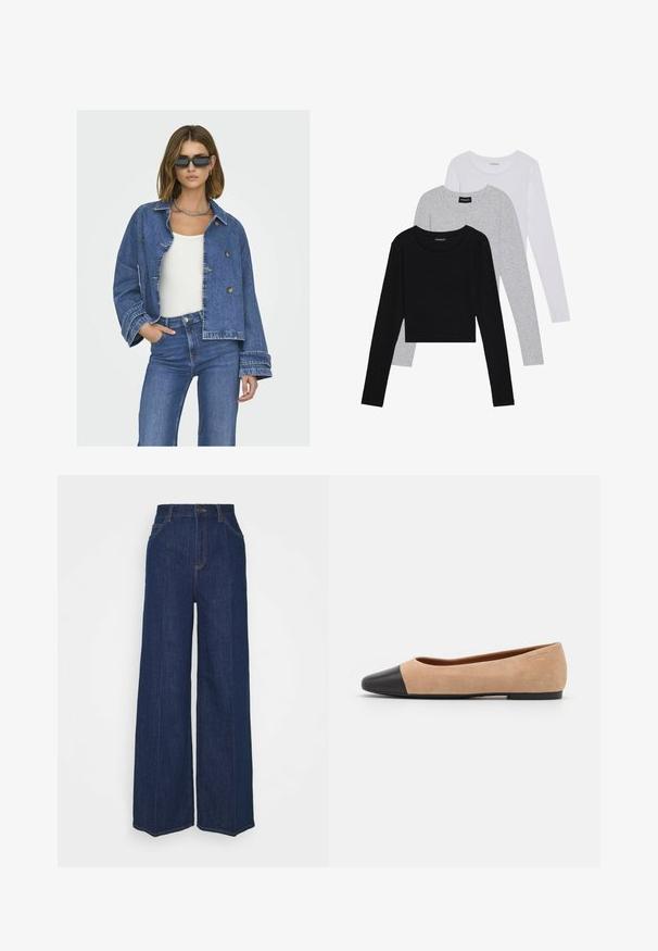 Denim-takki, jossa on lyhennetty malli, vaaleansininen väri, kaksoispainikkeet ja leveät hihat. Yhdistettynä valkoiseen puseroon ja sinisiin farkkuihin.; Kolme pitkähihasta paita päällekkäin: musta, harmaa ja valkoinen. Jokaisessa on pyöreä pääntie ja lyhennetty muotoilu, jossa on sileä ja kevyt kangas.; Tummat siniset farkut, joissa on korkea vyötärö ja leveät lahkeet, etu- ja takataskut, nappisulku ja näkyvät ompeluyksityiskohdat.; Beige mokkasiner i semsket skinn med svart lær ved tuppen, lav hæl og glatt tekstur, med minimal søm og et rent design.