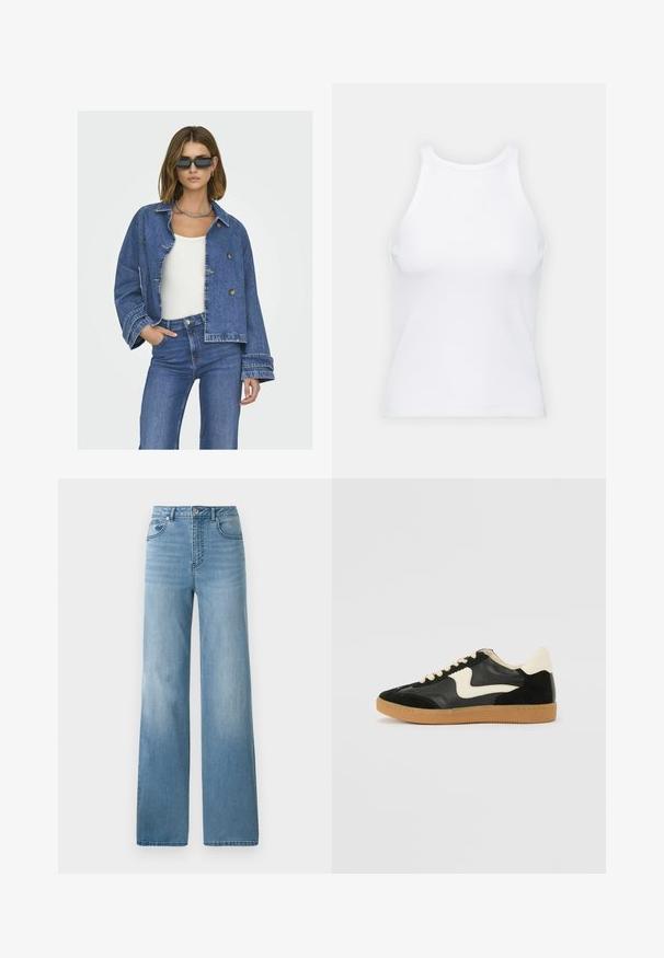 Jeansjakke med en cropped design, lyseblå farve, dobbeltknappede knapper og brede ærmer. Udfyldt med en hvid top og blå jeans.; Hvid ærmeløs tanktop lavet af ribbet stof, med en rund halsudskæring og en tætsiddende silhuet, med minimale sømme og ingen pynt.; Lyseblå højtaljede jeans med lige ben. Fremstillet af denim, med fem lommer og knaplukning.; Sorte ruskinds- og lædersneakers med en cremefarvet side-swoosh og lys cremefarvet hæl. Har beige snørebånd og en gummirubber-sål.