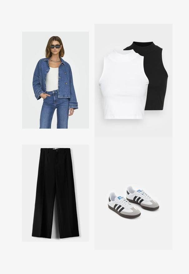 Denim jacket with a cropped design, light blue color, double-breasted buttons, and wide sleeves. Paired with a white top and blue jeans.; Two sleeveless ribbed turtleneck tops in black and white, featuring a fitted design and smooth texture, with cropped length.; Black wide-leg trousers made of lightweight fabric, featuring a front button closure and flat front, with neatly stitched hems.; Sport shoes with a white leather upper, gray suede toe, and three black stripes. Features a blue logo on the tongue and a textured rubber sole.