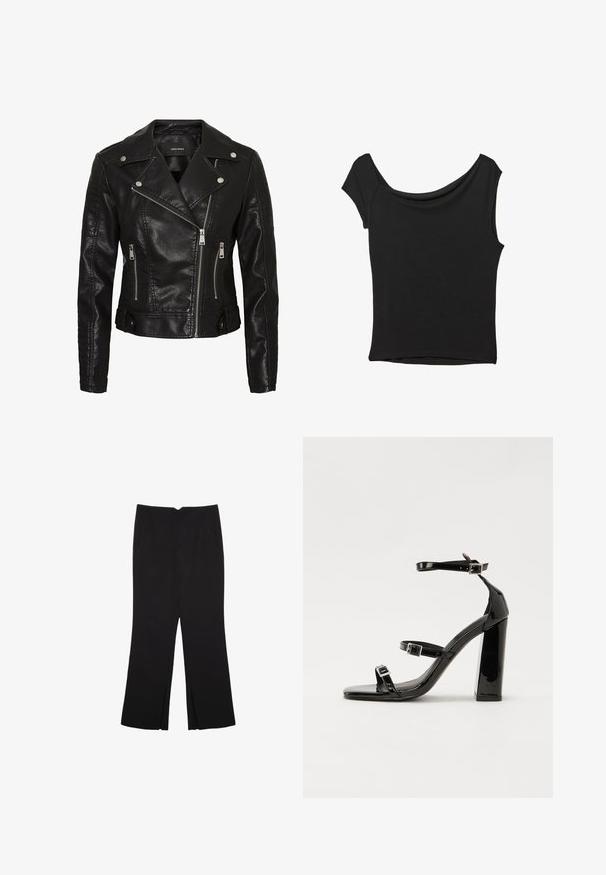 Črna usnjena motoristična jakna z diagonalnim zadrgo, pritisnimi gumbi in navpičnimi šivi na rokavih. Blagovna znamka: Vero Moda.; Črna kratka majica s kratkimi rokavi iz gladkega blaga; ima drapiran izrez in asimetrično spodnjo rob, s prilegnjenim telesom.; Črne hlače ravnega kroja z naglavnimi žepi in stranskimi razporki na robu. Narejene iz mehke, gladke tkanine. Primerne za različne priložnosti.; Črne lakirane sandale s peto, kvadratnim prstom, trakovi okrog gležnja in srebrnimi zaponkami. Opremljene so s stabilno Debelo peto.