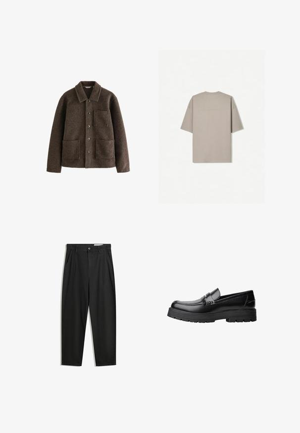 Rjava volnena jakna s ovratnikom, dvema sprednjima žepoma in gumbnimi zap closure. Ima teksturirano površino in ravno krojeno obliko.; T-maica s kratkimi rokavi iz svetlo bež bombaža, z okroglim izrezom in minimalističnim dizajnom brez vidnih vzorcev ali akcentov.; Črne bombažne hlače s sproščenim krojem, ki vključujejo klasičen pas, sprednje gube in stranske žepke. Gladka tekstura brez vzorcev.; Črne usnjene loafersice s debelim profiliranim podplatom in dekorativnim pasom čez zgornji del, prikazane v levem stranskem profilu na beli podlagi.