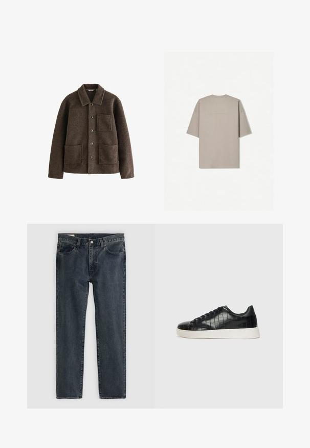 Veste en laine marron avec col, deux poches avant et fermetures à bouton. Présente une finition texturée et un design à coupe droite.; T-shirt à manches courtes en coton beige clair, avec un col rond et un design minimaliste sans motifs ni accents visibles.; Jean en denim bleu foncé avec une coupe droite, cinq poches et une fermeture à bouton. Le tissu présente une légère décoloration et texture.; Baskets noires avec un dessus en cuir gaufré effet crocodile, bout rond et semelle en caoutchouc blanc contrastant avec une finition lisse.