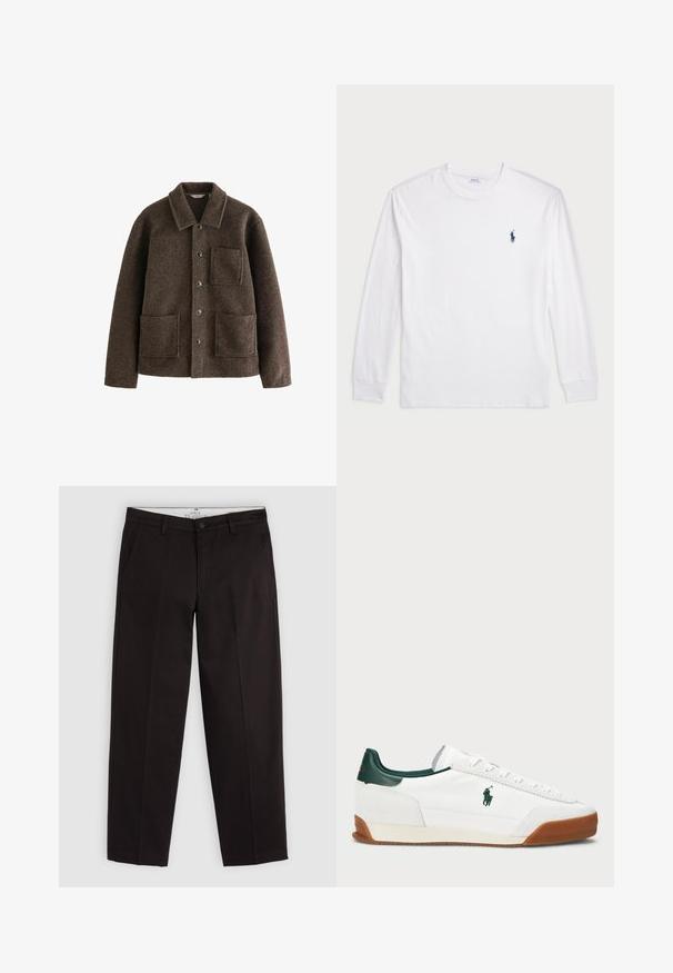 Braune Wolljacke mit Kragen, zwei Fronttaschen und Knopfverschluss. Bietet eine strukturierte Oberfläche und ein gerades Design.; Weißes Langarm-T-Shirt aus Baumwolle. Mit Rundhalsausschnitt, gerippten Bündchen und kleinem, dunkelblauem Polo-Logo auf der linken Brust.; Schwarze Chinos mit geradem Bein, Gürtelschlaufen, Knopfverschluss und Seitentaschen, auf einem hellgrauen Hintergrund präsentiert.; Weiße Sneaker mit grünen Lederakzenten und einer braunen Gummisohle. Hat einen Stoffkörper und ein auffälliges Logo an der Seite. Schnürungsdesign.