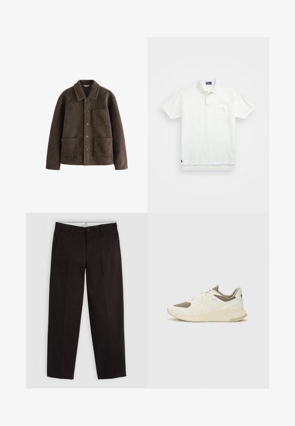 Brązowa wełniana kurtka z kołnierzem, dwiema przednimi kieszeniami i zapięciem na guziki. Charakteryzuje się teksturowanym wykończeniem i prostym krojem.; Biała koszulka polo wykonana z bawełny, z klasycznym kołnierzykiem, trzema guzikami oraz kieszonką na lewym piersi; małe logo na dolnym brzegu.; Czarne chinosy o prostych nogawkach z pętlami na pasek, z zapięciem na guzik i bocznymi kieszeniami, wyeksponowane na jasnoszarym tle.; Białe i jasnobeżowe sneakersy sportowe, z siateczkową cholewką, perforowanymi detalami oraz teksturowaną podeszwą śródstopia z brandingiem na pięcie.