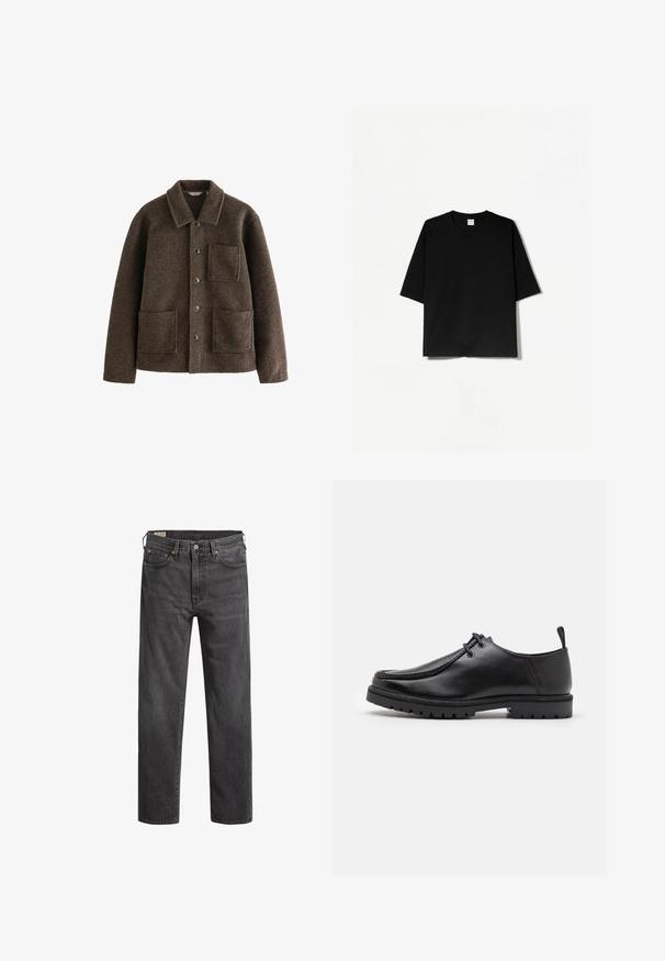 Brown wool jacket with a collar, two front pockets, and button closures. Features a textured finish and a straight cut design.; Black short-sleeve T-shirt with a round neckline, made from soft fabric, featuring a loose, boxy fit and minimalistic design.; Dark gray denim jeans with a straight-leg cut, five pockets, and copper rivets. Classic design with a slightly faded texture.; Black leather lace-up shoe with a rugged sole and pull tab at the heel, shown from the side on a white background.