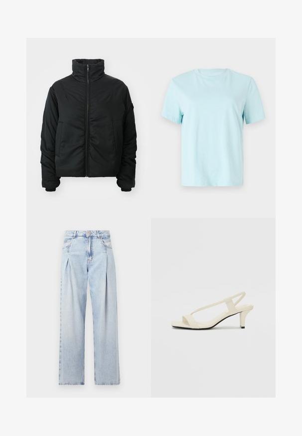 Svart pakket jakke med høy krage, glidelås lukking, lange ermer og to frontlommer. Glatt tekstur, kort design uten mønstre.; Lyseblå bomulls t-skjorte med korte ermer, rund hals og subtilt brodert 'Calvin Klein' logo foran.; Lyseblå denimjeans med høy livlinje, vide ben, to sidelommer og plisserte detaljer. Myk tekstur med en falmet finish.; Beige blokk-høydesandaler med tynne stropper og firkantet tå. Glatt materiale med minimale detaljer, designet for enkel bruk.