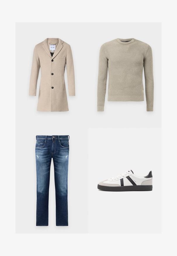 Only & Sons ONSJAYLON OTW - Manteau court - beige; Pull en tricot beige avec des manches longues, poignets et ourlet côtelés, col rond, motif texturé, fabriqué à partir de matériau doux.; Jean en denim bleu avec une coupe régulière, présentant un lavage délavé, un léger distress, cinq poches et des coutures contrastées. Fermeture à bouton à la taille.; Baskets blanches avec des accents noirs et gris, présentant un embout texturé gris, une semelle en caoutchouc noir et des lacets plats blancs. Design épuré, style minimaliste.