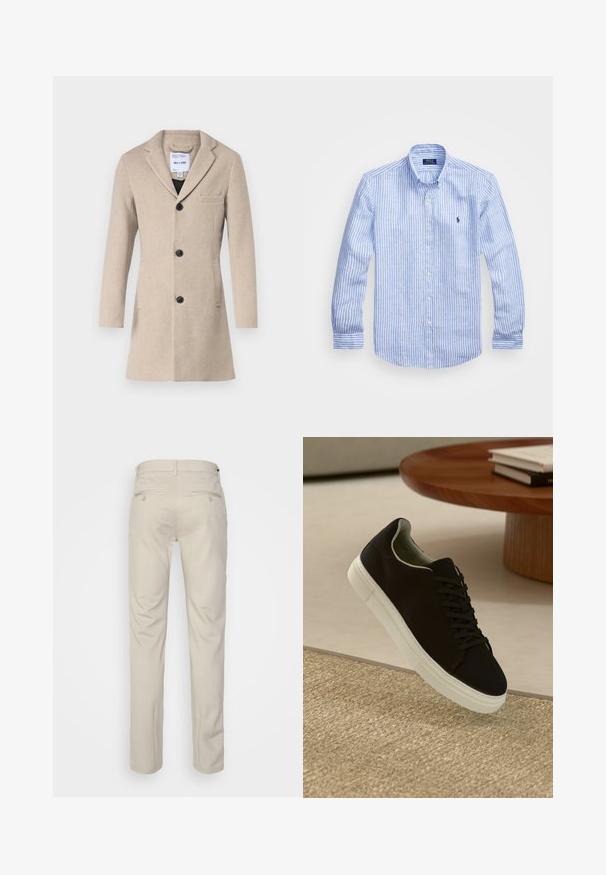 Only & Sons ONSJAYLON OTW - Kurzmantel - beige; Blau-weißer gestreifter Langarmshirt aus Baumwolle mit einem Button-Down-Kragen, Frontknöpfen und einem kleinen gestickten Logo auf der Brust.; Beige Hosen mit glatter Textur, geradem Schnitt, zwei Gesäßtaschen mit Knöpfen und einem normalen Bund.; Schwarze Sneakers mit weißer Sohle, die über einem beige strukturierten Teppich schweben, in der Nähe eines runden Holztisches mit gestapelten Büchern.