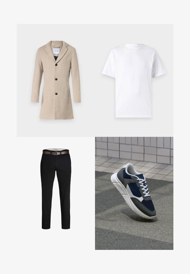Only & Sons ONSJAYLON COAT - Klassisk frakke - beige; Hvid kortærmet t-shirt lavet af bomuld med rund hals, der har en glat tekstur og et simpelt design uden mønstre eller accenter.; Sorte bomuldsbukser med lige pasform, der har et brunt læderbælte og en glat tekstur. Simpel design uden synlige mønstre eller accenter.; Sneakers med en overdel i marineblå mesh, grå suedeteksturer, hvid gummisål og flade hvide snørebånd, designet til komfort og åndbarhed.