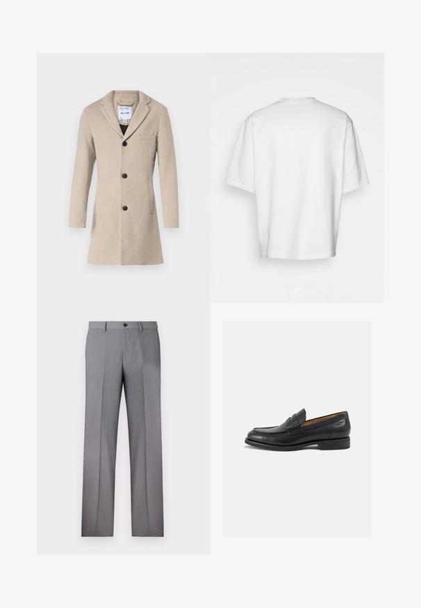 Only & Sons ONSJAYLON COAT - Klasikinis paltas - beige; Balta trumpa rankovėmis marškinėliai, laisvas kirpimas, apvalus iškirpimas, lygaus džinsinio audinio, nepuošta nugara, tiesiai kraštu, be raštų ar akcentų.; Pilkos pritaikytos kelnės su plokščiu priekiu, dviem šoninėmis kišenėmis ir vienu mygtuko užsegimu. Lygi tekstūra su subtiliu dryželiu.; Juodi odiniai loafersai su lygiu paviršiumi, apvaliu pirštu ir dekoratyvine siūlė viršuje. Žemas sustiprintas kulnas ir lengvas blizgesys.
