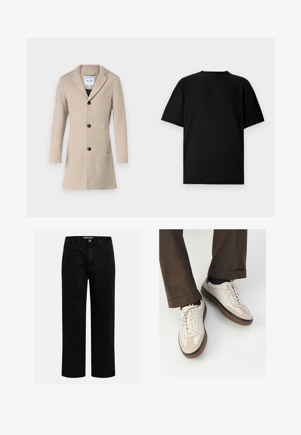 Only & Sons ONSJAYLON COAT - Klasický kabát - beige; Černé tričko s krátkým rukávem vyrobené z žebrované tkaniny. Má kulatý výstřih a volný střih s hladkým povrchem. Pohled zádní strany.; Černé džíny s rovnými nohavicemi, klasickým pětipocketovým designem a knoflíkovým zapínáním v pase. Hladká textura a odolná látka.; Béžové tenisky s texturovanou semišovou špičkou, hladkými koženými boky a hnědou gumovou podrážkou. Na šněrování a lehkém prošití je detail.