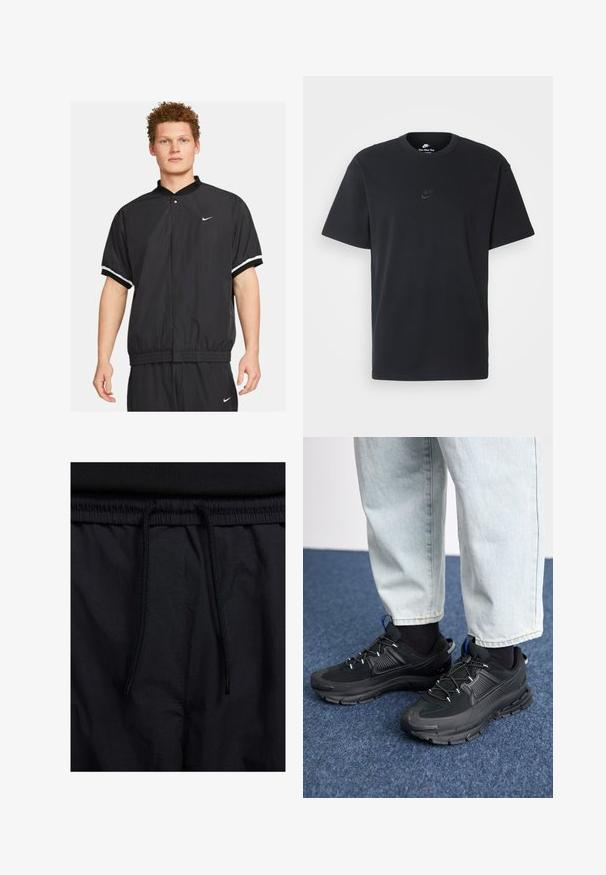 Černá větrovka s krátkými rukávy, elastickým pasem a bílými pruhy na manžetách. Je vybavena knoflíkovým zapínáním a logem Nike.; Černé bavlněné tričko Nike s klasickým kulatým výstřihem, krátkými rukávy a decentně vyraženým logem na hrudi. Hladký povrch.; Černé šortky s páskem na šňůrku, lehký materiál s hladkou texturou a jednoduchý design bez viditelných log nebo vzorů.; Černé sportovní boty s texturovanou tkaninou a gumovou podrážkou, s elastickými tkaničkami a modrým akcentem na patě. Nosí se s světlými džíny.