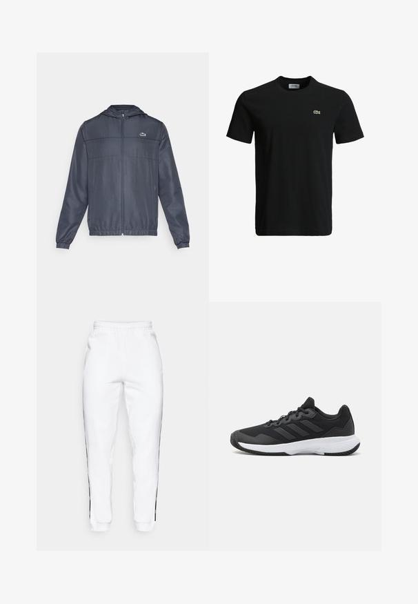 Casaco corta-vento azul marinho feito de tecido leve, com fecho de correr frontal, punhos elásticos e um pequeno logótipo verde no peito.; T-shirt de algodão preto com decote redondo, mangas curtas e um pequeno logotipo de crocodilo verde no lado esquerdo do peito. Textura suave, design casual.; Calças de treino brancas com cintura elástica, apresentando riscas pretas nas laterais e punhos. Feitas de um tecido suave com uma textura lisa.; Sapatilha atlética preta com um upper texturizado, três riscas horizontais e uma sola branca com um padrão de piso. Design leve e aerodinâmico.