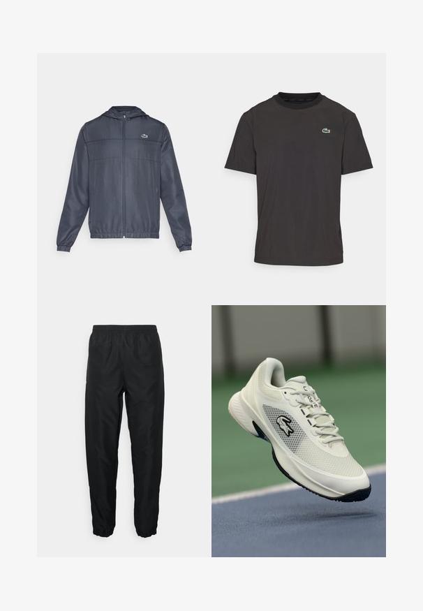 Tamsiai mėlynas vėjo striukė, pagaminta iš lengvos medžiagos, su priekine užtrauktuku, elastingomis rankovėmis ir mažu žaliu logotipu ant krūtinės.; Juodas trumpomis rankovėmis marškinėliai pagaminti iš minkštos medžiagos, turintys apvalų kaklą ir mažą žalią krokodilo logotipą kairėje krūtinės pusėje.; Juodos sportinės kelnės, pagamintos iš lengvos medžiagos, su elastinga juosmens juosta ir rankogaliais, turinčios glotnų paviršių ir minimalų prekinį ženklą.; Balti sportiniai batai su tinkliniais viršutiniais, juodais akcentais, tekstūruotu padu ir išryškintu logotipu šone, eksponuojami prieš teismo foną.