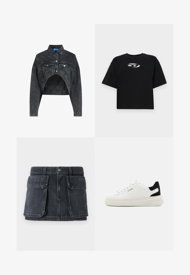 Iškirpta juoda džinsinė striukė su mygtukų uždarymu priekyje, dviem krūtinės kišenėmis ir atvira apatine dalimi. Yra sidabriniai priedai ir tekstūruotas paviršius.; Juodas medvilnės marškinėliai su trumpu dizainu, trumpomis rankovėmis ir apvalia iškirpte. Pasižymi kontrastingu ovaliu logotipu krūtinėje.; Juodas denimo sijonas su prigludusia juosme, mygtukų uždarymu, dviem didelėm priekinių kišenėm ir kontrastinga siuvinėjimo detalė.; Baltos odinės sportbačiai su storu baltu padu, juodu nubuko kulno akcentu ir iškilmingu logotipu šone. Su raišteliais, turinčiais šešis akinius.