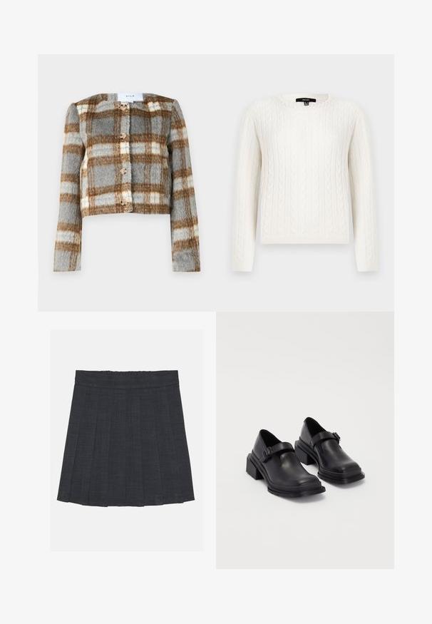 Lühike jakk halli, pruuni ja valge ruudustikuga. Valmistatud tekstuuriga kangast, ees viie nupuga. Pikkade varrukatega.; Valge kettaraami sall, millel on pikad varrukad, ümmargune kaelus ja dekoratiivne pärl kaeluse ääres. Pehme tekstuur ja keha lähedane disain.; Tumeda hall pleediga seelik elastse vöökohaga, milles on tekstuuriga kangas ja klassikaline A-line siluett. Sobib igapäevaseks kandmiseks.; Mustad mustad jalanõud ümmarguse varbaga, tasase tallaga ja kinnitusega rihmaga, millel on pandla detail. Suure plokknina, mis tagab lisastabiilsuse.