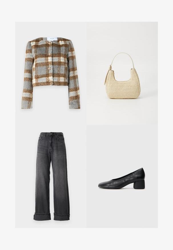 Trumpas švarkas pilkų, rudų ir baltų langelių raštu. Pagamintas iš tekstūruoto audinio su penkiomis mygtukais priekyje. Ilgos rankovės.; Balta medvilninė marškinėliai trumpomis rankovėmis ir apvaliu kaklu, kuriuose ant priekinės dalies stilizuotu rudu šriftu užrašyta "HOWDY".; Plonos kojų džinsai tamsiai pilkame džinsiniame audinyje, turintys aukštą juosmenį, penkias kišenes ir sukamuosius kraštus papildomam akcentui. Lygus tekstūra su subtiliais blukimais.; Juodai odiniai aukštakulniai batai su apvaliu pirštu ir vidutiniu bloku. Lygi tekstūra su minimaliu apdailos, turinčia subtilų elastingą atidarymą.; Aukšta pintinė rankinė iš šiaudų, šviesiai rudos spalvos, su išlenkta forma, trumpa rankena ir šoniniu užtrauktuku. Pasižymi tekstūruota paviršiumi ir minimalistiniu dizainu.