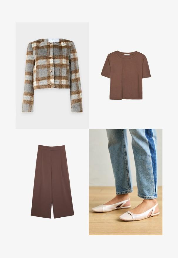 Lyhyt takki harmaalla, ruskealla ja valkoisella ruutukuviolla. Valmistettu teksturoidusta kankaasta, jossa on viisi nappia edessä. Pitkät hihat.; Kahvinsävyinen lyhythihainen t-paita, joka on valmistettu pehmeästä kankaasta. Pyöreä pääntie ja rento malli. Ei näkyviä kuvioita tai koristeita.; Ruskeat leveälahkeiset housut, joissa on sileä pinta, korkea vyötärö ja etupleat. Kangas on kevyttä ja laskeutuu väljänä.; Vaaleanpunaiset slingback-ballerinat, joissa on terävä kärki, valmistettu sileästä nahkamaisesta materiaalista. Sivujen leikkuuyksityiskohdat ja tasapohja.