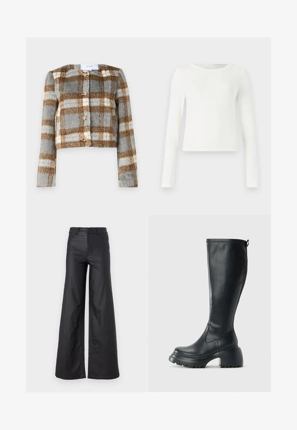 Veste courte en motif vichy gris, marron et blanc. Fabriquée en tissu texturé avec cinq boutons sur le devant. Manches longues.; Haut à manches longues blanc en rib stop avec un col ras du cou. Texture lisse, design ajusté et sans motifs ni accents visibles. Style simple et minimaliste.; Pantalons larges noirs en simili cuir. Dotés d'une taille haute, de passants de ceinture, de deux poches avant et de détails cousus.; Botte en cuir noir haute avec semelle plateforme épaisse et talon carré, dotée d'une languette et d'un motif texturé sur la semelle extérieure.