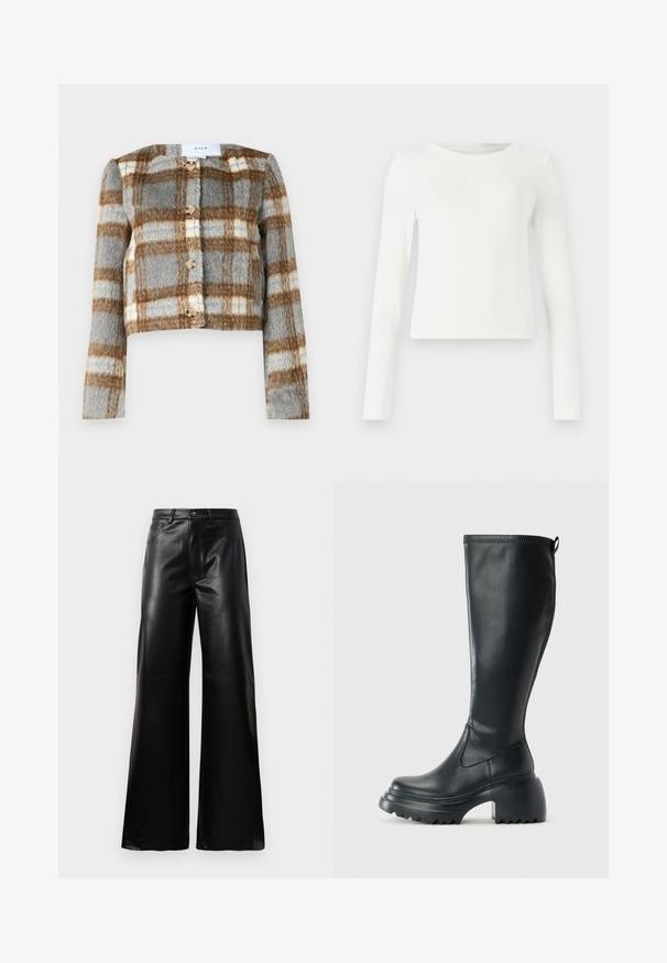 Kort jasje in grijs, bruin en wit ruitpatroon. Gemaakt van textuurstof met vijf knopen aan de voorkant. Lange mouwen.; Witte ribbeltop met lange mouwen en een ronde hals. Gladde textuur, aangesloten ontwerp en geen zichtbare patronen of accenten. Eenvoudige en minimalistische stijl.; Zwarte high-waisted wide-leg neplederen broek met een voorste knoop, ritssluiting, riemlussen en zijzakken op een witte achtergrond.; Hoge zwarte leren laars met een chunky plateauzool en blokhak, voorzien van een trekband en een gestructureerd profiel op de buitenzool.